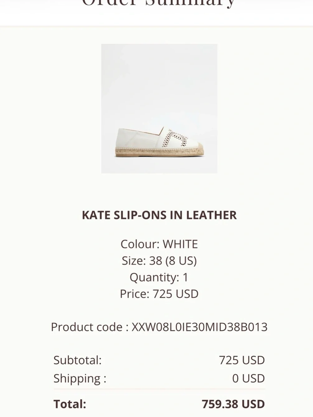 TOD’S Women's White Leather “Kate” Espadrille Slip-Ons - Size 38